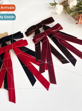 French retro long velvet bow fluttering ribbon hairpin femal