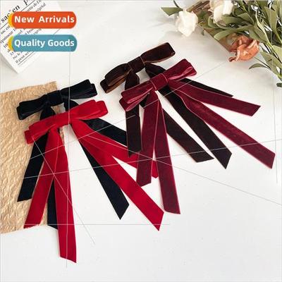French retro long velvet bow fluttering ribbon hairpin femal