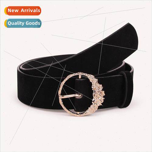 new women flowers round buckle gold black suede belt fashion