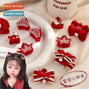 small supe crown girls clips hair children clip grab bow Red