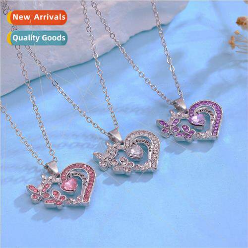 Ins wind pink purple whe three colors love butterfly necklac