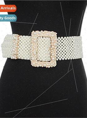 Europe new women braided belt ladies nd atmosphere pearl squ