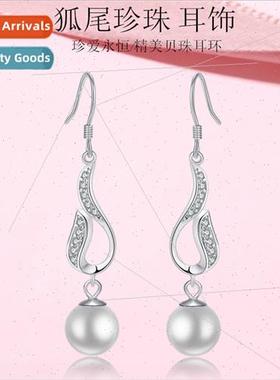 s925 silver fox tail cute inlaid earrings beads drape small