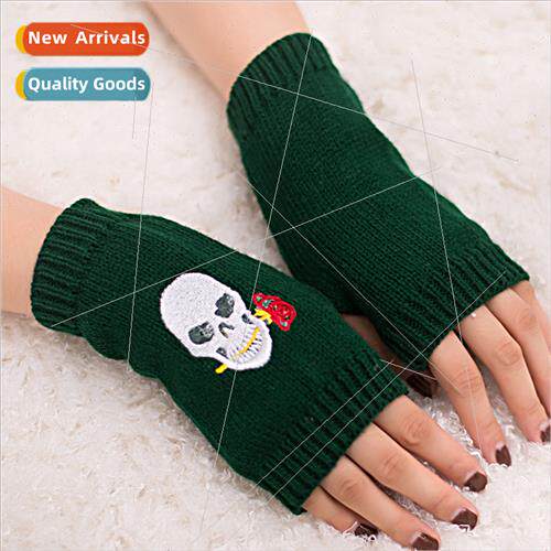 gloves embroidery pattern skull gloves new woolen open-finge