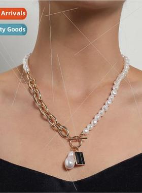 Europe Black Gemstone Pendant Necklace Irregular Pearl Splic