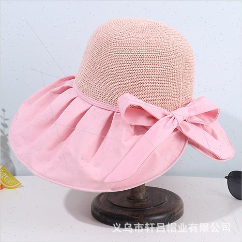 New straw patchwork fisherman hat Korea hundred bow hat summ