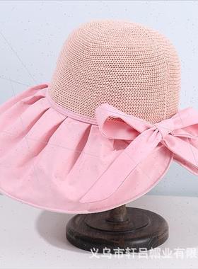 New straw patchwork fisherman hat Korea hundred bow hat summ