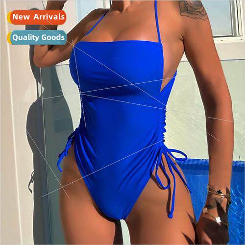 2023 Outer ngle Womens Solid Color One-piece Drawstring Swim
