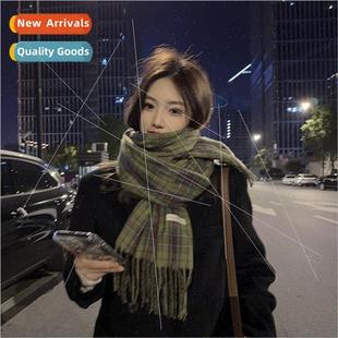 scarf Ms. autumn Retro versatile plaid winter personal green