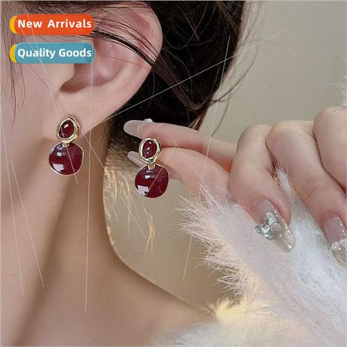 925 silver needle ancient HK burgundy gold-rimmed earrings f