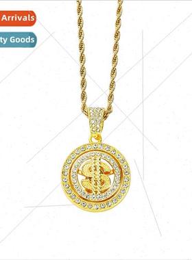 Europe Hip Hop Full Diamond Turning Dollar Pendant Necklace