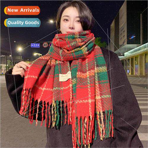 Winter red plaid scarf female Korean  New Year warm thickene