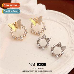 bow pearl circle lver niche zirconia earrings hundred needle