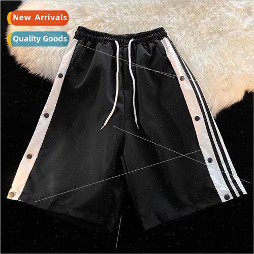 Summer casual shorts men ins solid color side button splicin