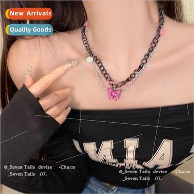 Black Layers Chain Pin Pink Butterfly Necklace Women y2k Hip