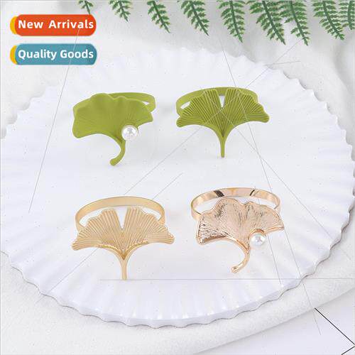Green Ginkgo Leaf Napkin Ring Court Vintage Pearl Napkin Rin