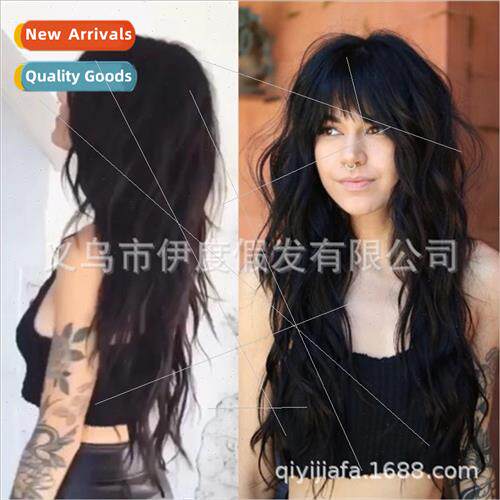 Wig Europe fashion full head set ladies black bangs long cur