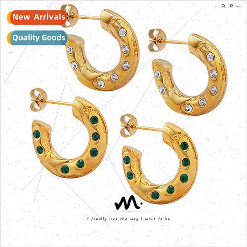 Europe Vintage Feeling Whe Green Zirconia Set C-Shape Earrin