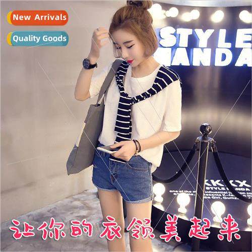 Korea Hobbies College Navy Striped Fake Collar Small Shawl F