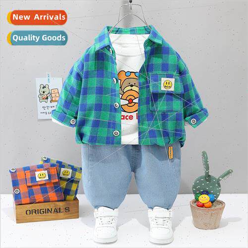 2023 Boys Spring Pants Suit Plaid Cotton Shirt Three Piece S