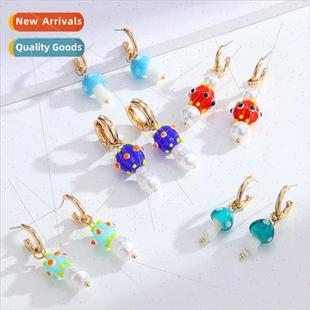mushroom earrings female Europe summer beads ins hund glazed