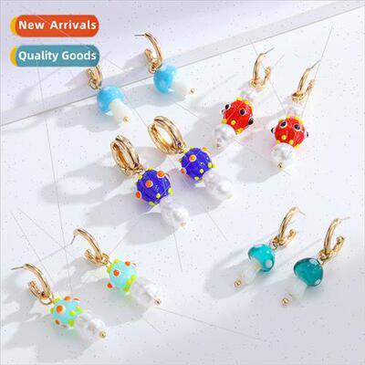 Europe glazed beads mushroom earrings female ins summer hund