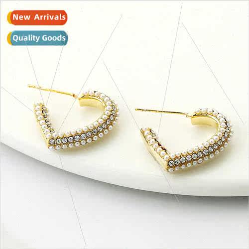 New copper inlaid zirconium pearl earrings ins Europe love g