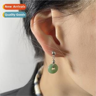 button peace earrings female small Green retro jade