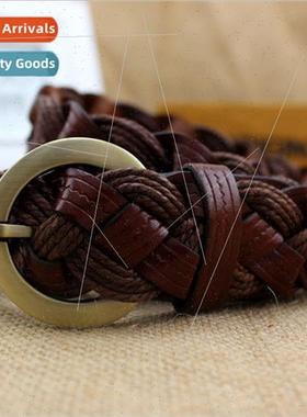Leather chaff paper wax rope braided wide women casual cowhi