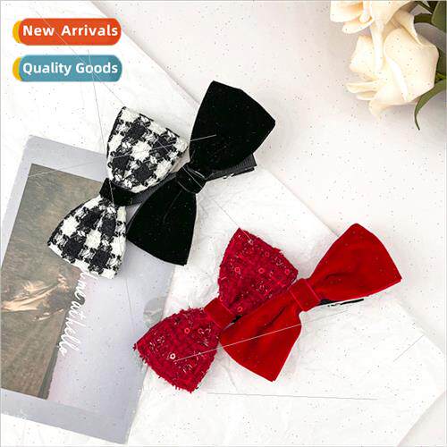 Thousbird grid double spelling bow hair clips cute girl side