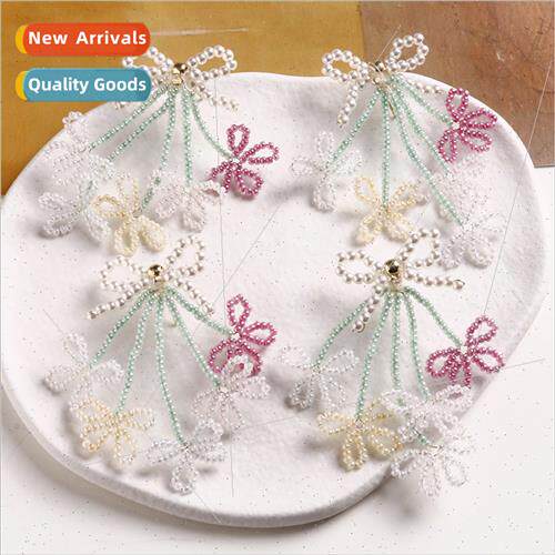 Oil painting sense pearl bow tassel colorful flowers earring