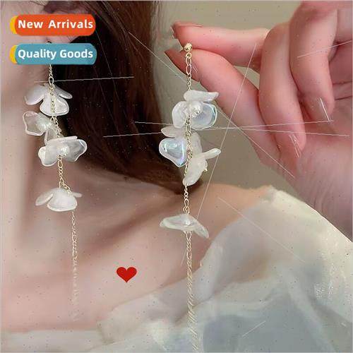 925 silver needle retro acrylic pearl flower tassel earrings