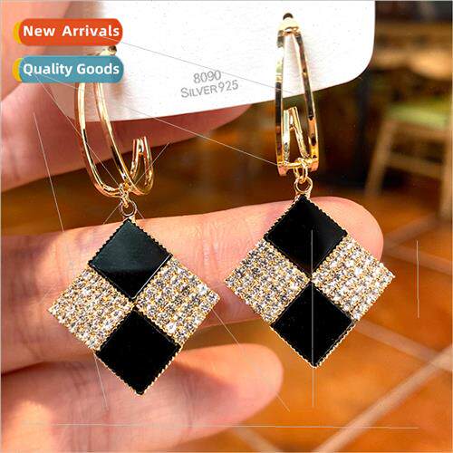 925 silver needle rhombus earrings new tide Korea simple wil