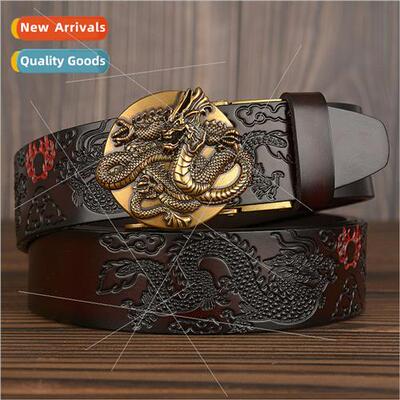 Men Belt Cowhide Faucet Automatic Buckle Ethnic Double Drago