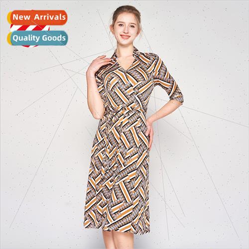 lk dress women 2023 summer new medium-sleeved lapel printed