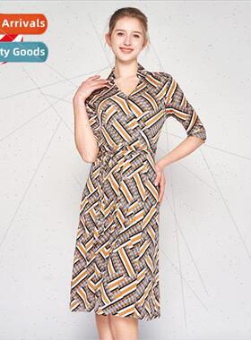 lk dress women 2023 summer new medium-sleeved lapel printed
