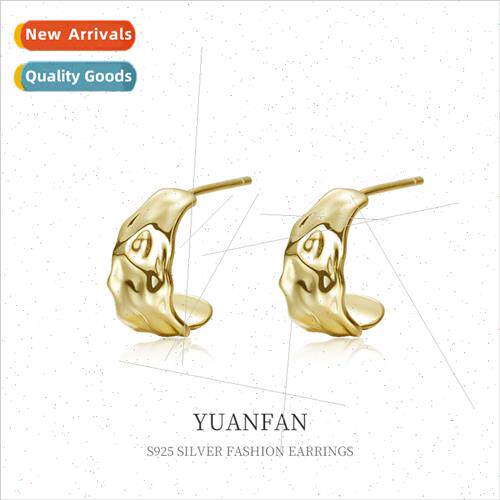 925 silver Vintage Tinfoil Textured C-Shaped Earrings适用Wom