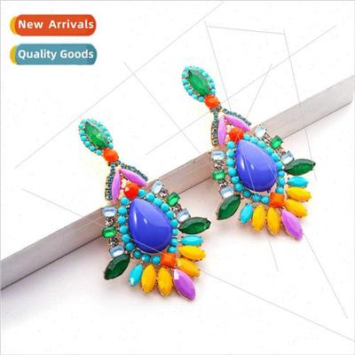Boho Ethnic Earrings Color Blocking Color Clash Rhinestone S