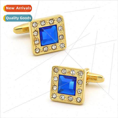 Classic business square gold blue crystal cufflinks men cuff