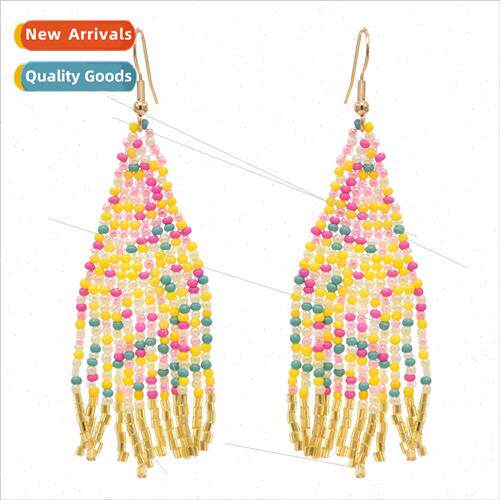Bohemian ethnic colorful rice beads earrings long tassel thi