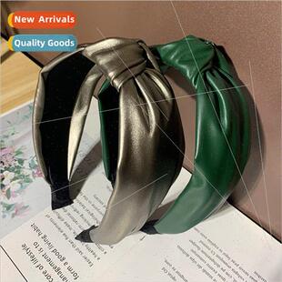 Korea simple PU leather middle knot hair band wide wash face