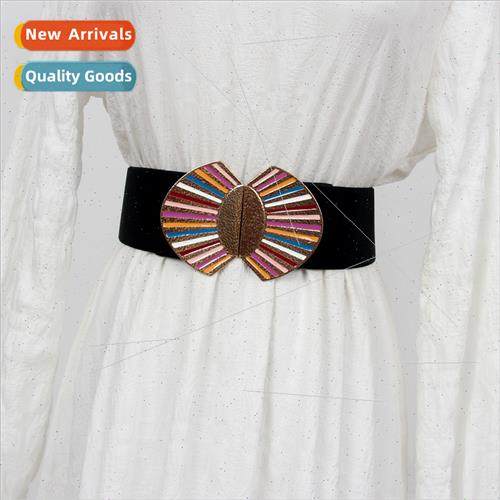 Color blocking buckle elastic waist belt female lerary Fan h