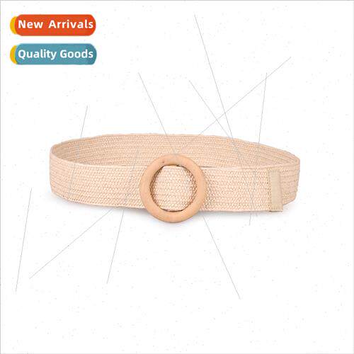 Europe new female round wooden buckle PP raffia elastic wove