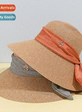 Straw hat new bow fluttering large brim sun hat round top fa