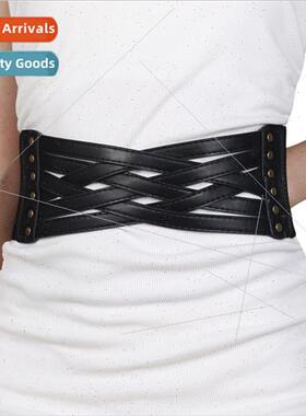 Women fashion elastic wide belt woven hollow decorative rive