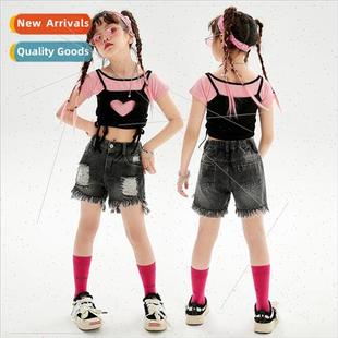Raw Short Costume Denim Ripped Edge Hop Hip Girls Dance Jazz