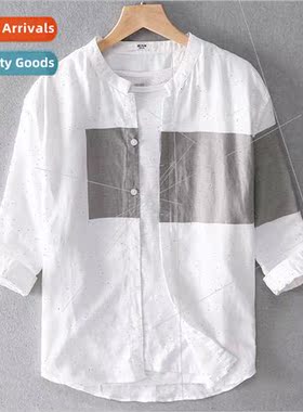 Colorblocking personalized seven-point medium-sleeved linen