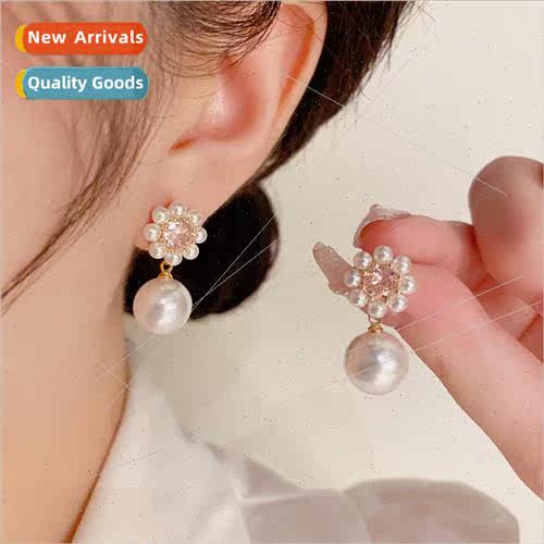 Sweet pink zirconia pearl earrings s925 silver pin delicate
