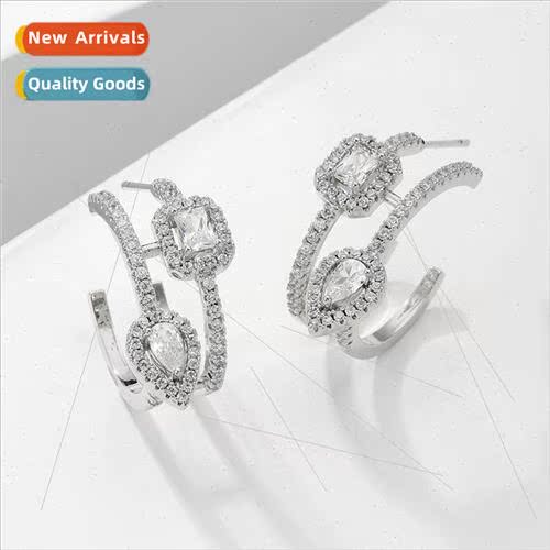 Simple copper zirconia geometric diamond earrings insC-shape