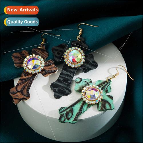 Europe Glass Diamond Earrings Leopard Cross Leather Party Ea